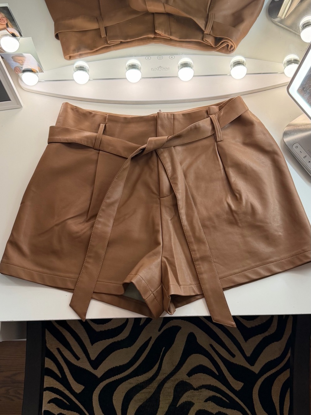 High-Waist Brown Faux Leather Tie-Belt Women's Shorts